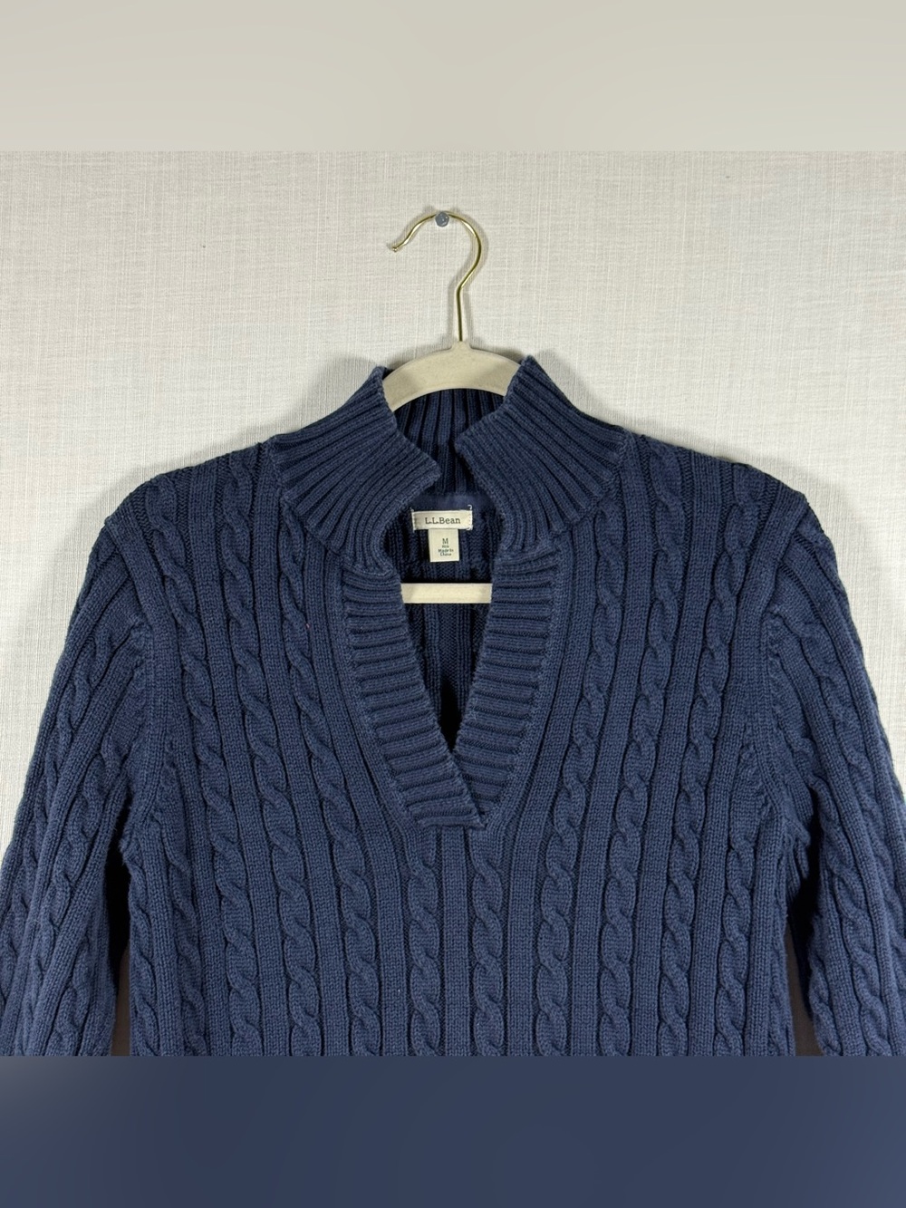 LL Bean Women’s Navy Blue Cotton Cable Knit Shawl Collar Sweater Medium - Picture 4 of 9